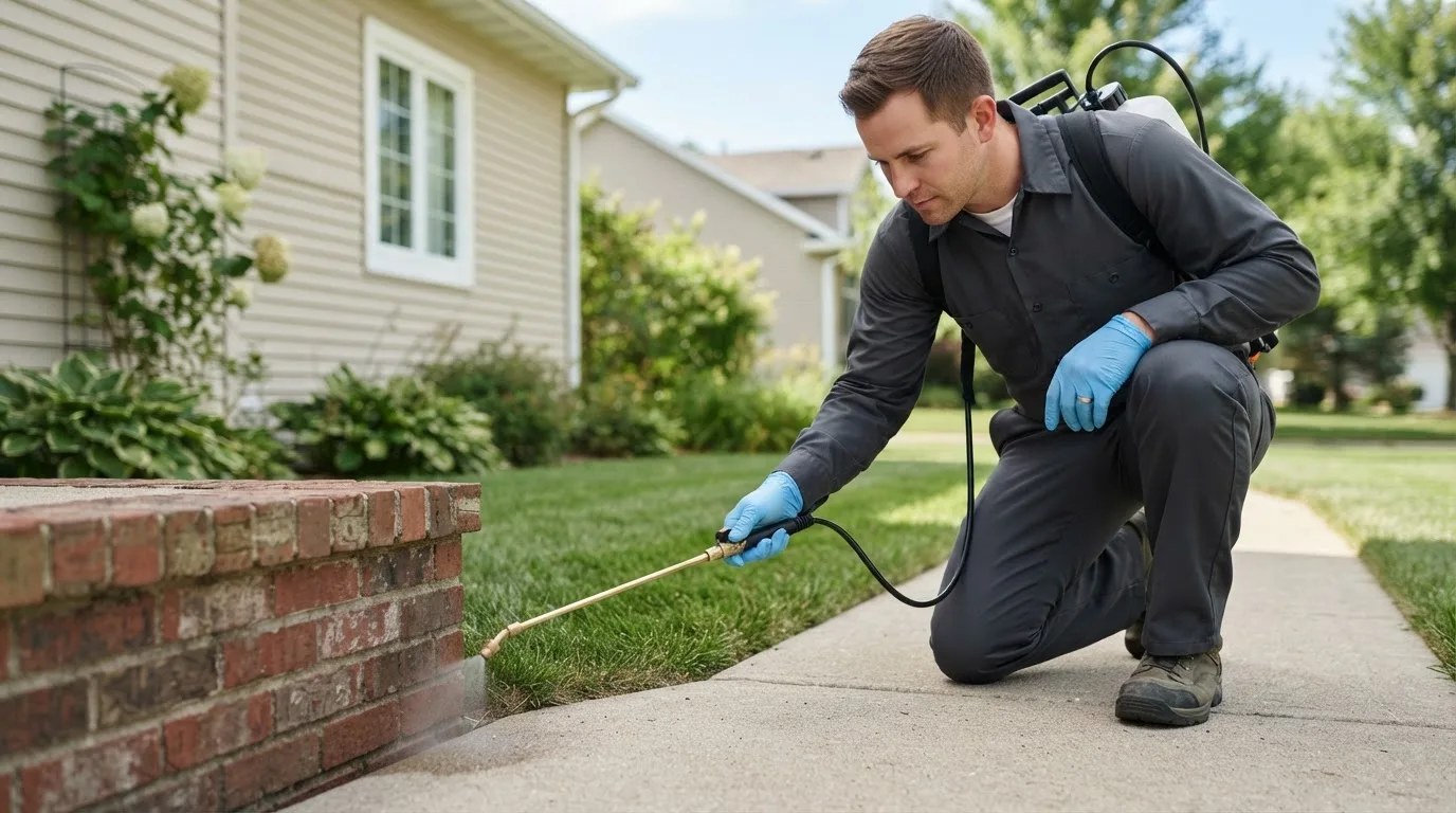Pest control technician treating a home near North Apollo, PA
